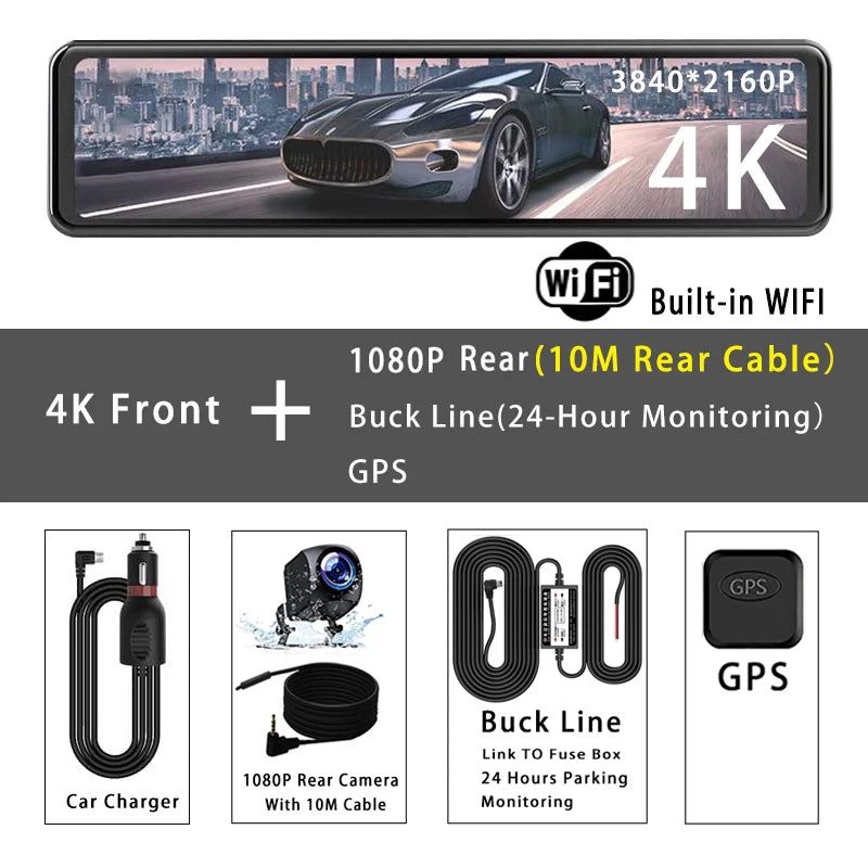 11.26" 4K 2160P Car Dvr GPS WIFI Mirror Dash Cam Dual Lens Dashcam IPS Screen Car Camera Drive Recorder Stream Rearview Mirror