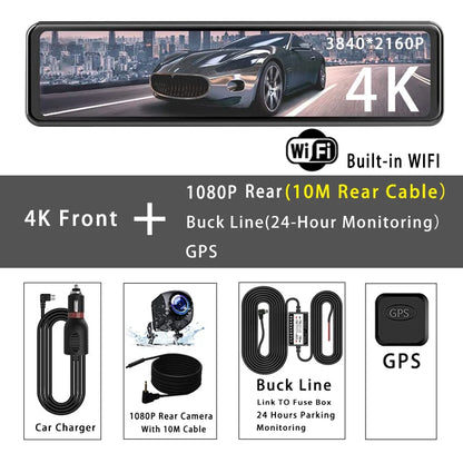 11.26" 4K 2160P Car Dvr GPS WIFI Mirror Dash Cam Dual Lens Dashcam IPS Screen Car Camera Drive Recorder Stream Rearview Mirror