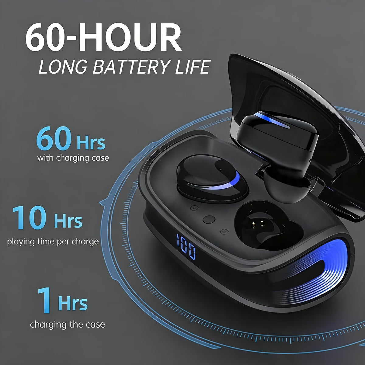 Wireless Earbuds with Noise Cancelling,Led Case in Ear Earphones Bluetooth ,60Hrs with IPX8 Waterproof, Hi-Fi Stereo Bass,Touch Control for Sports/Workout