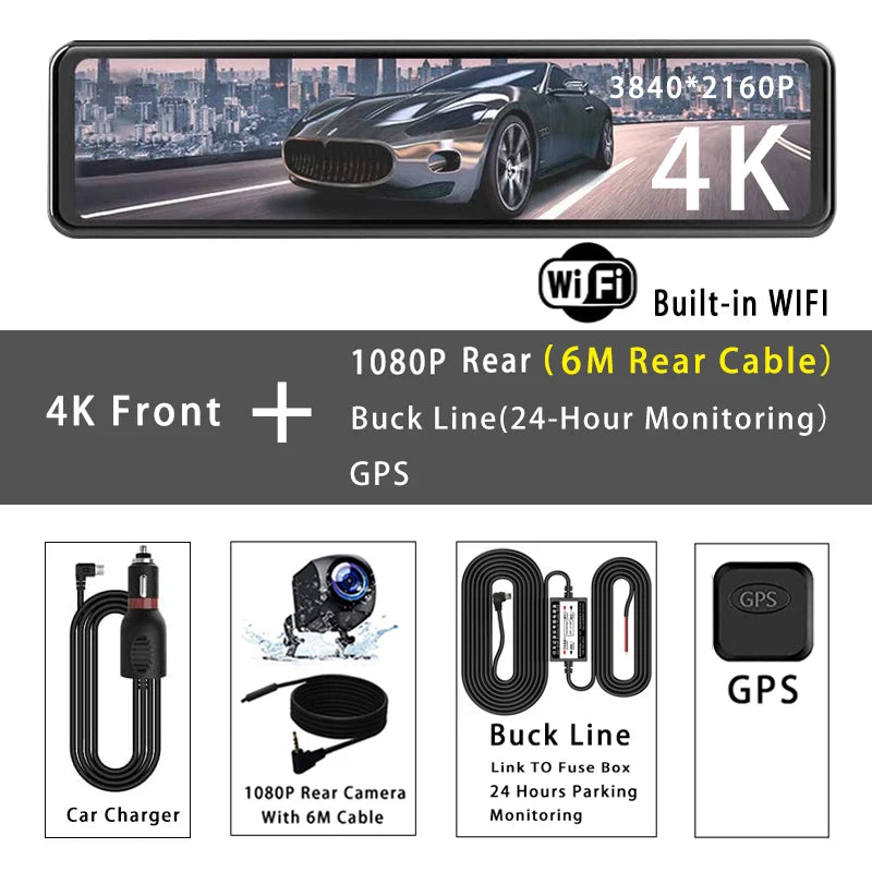 11.26" 4K 2160P Car Dvr GPS WIFI Mirror Dash Cam Dual Lens Dashcam IPS Screen Car Camera Drive Recorder Stream Rearview Mirror