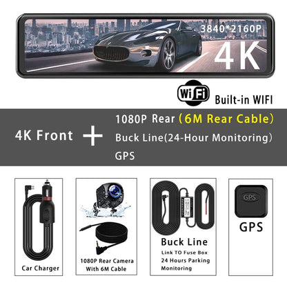 11.26" 4K 2160P Car Dvr GPS WIFI Mirror Dash Cam Dual Lens Dashcam IPS Screen Car Camera Drive Recorder Stream Rearview Mirror
